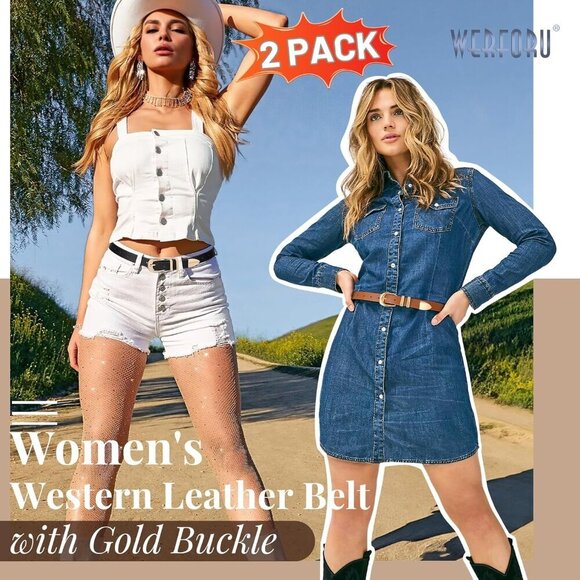 Women Leather Belt 2-Pack Western Waist Belts for Jeans with Gold/Silver Buckle main image 3